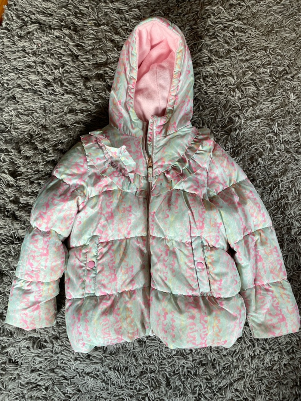 Girls Pink & Mint Ruffle Hooded Puffer Jacket/Coat Size 6X